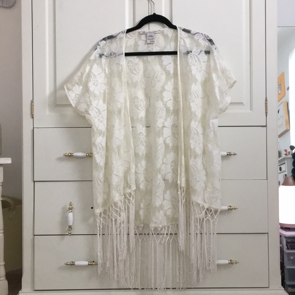 white Lacey kimono with fringe